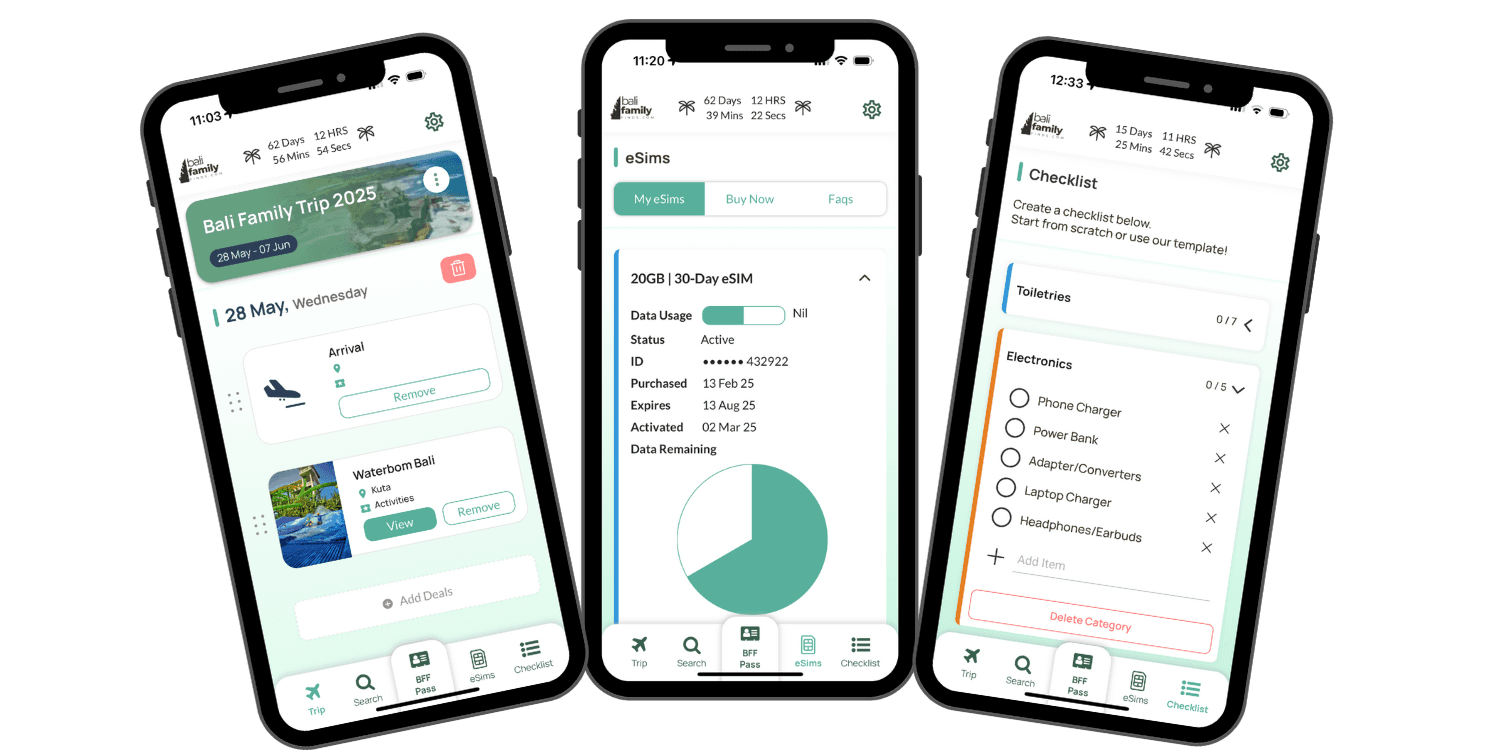 iPhone displaying Bali Family Finds eSIM management interface